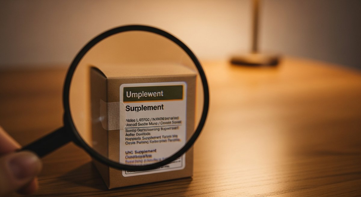 Loupe posée sur l'étiquette d'une boîte en carton kraft, sur une table en bois