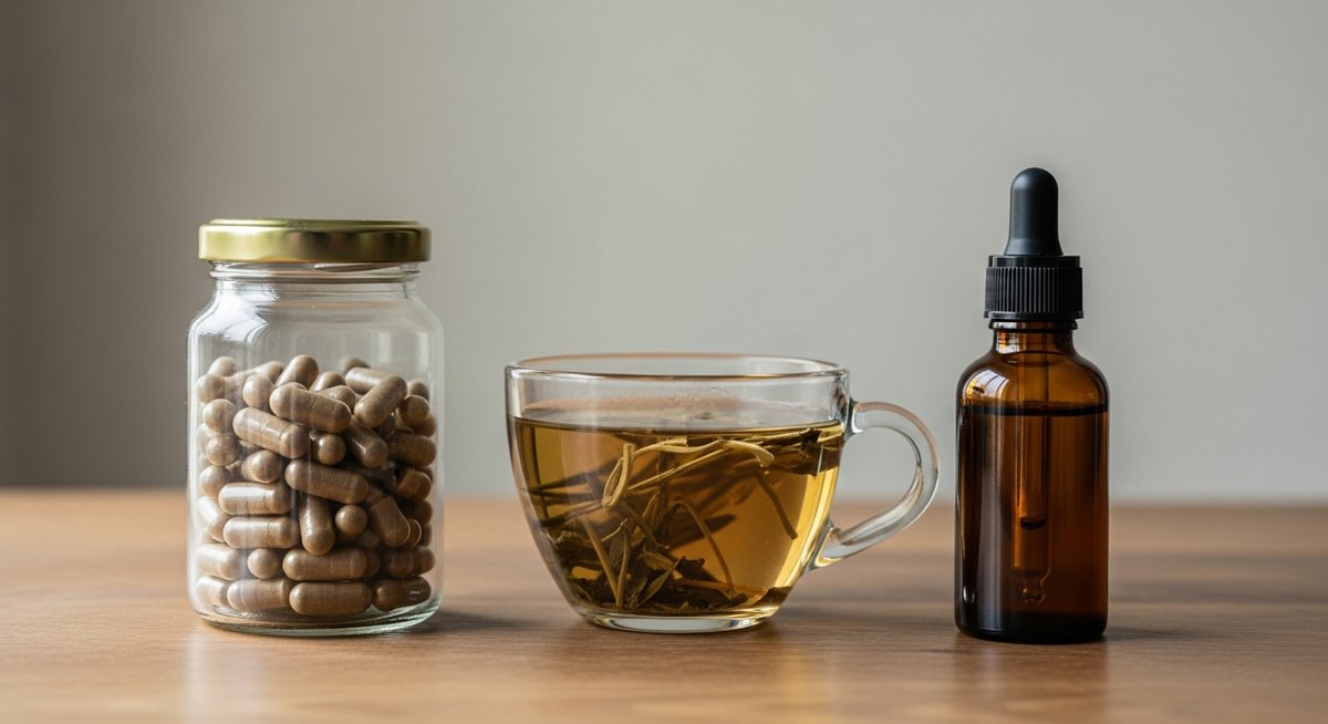 Bocal de gélules, tasse d'infusion et flacon compte-gouttes de teinture sur une table en bois