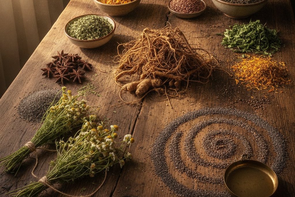Plantes séchées, racines et graines disposées sur une table en bois ancienne